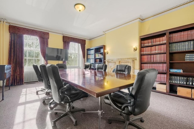 office featuring carpet floors, radiator, and ornamental molding