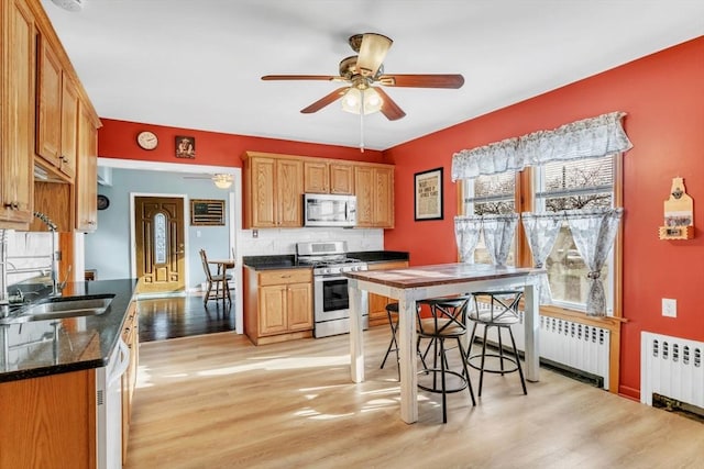 kitchen with sink, ceiling fan, appliances with stainless steel finishes, radiator heating unit, and light wood-type flooring