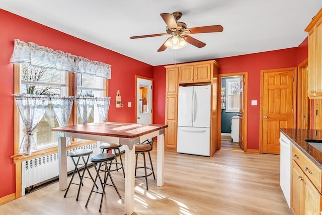 kitchen featuring radiator, light brown cabinetry, light wood-type flooring, ceiling fan, and white appliances