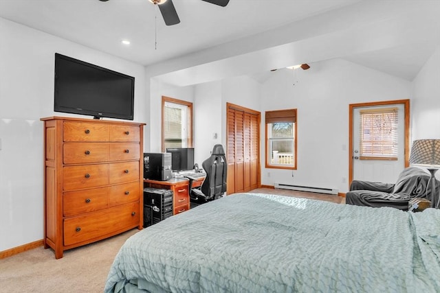 bedroom with lofted ceiling, a baseboard radiator, light colored carpet, and ceiling fan