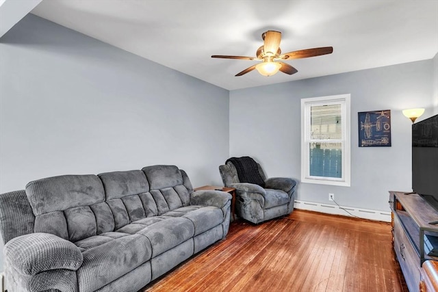 living room featuring hardwood / wood-style floors, ceiling fan, and baseboard heating