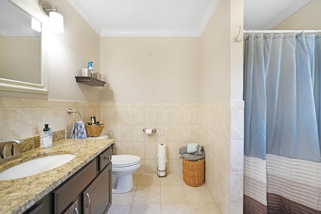 489 Main St, Acushnet, MA 02743 - full bathroom with vanity, tile walls, curtained shower, crown molding, and tile patterned floors