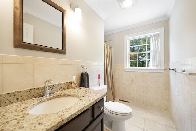 489 Main St, Acushnet, MA 02743 - full bathroom featuring tile walls, crown molding, vanity, tile patterned flooring, and tiled shower