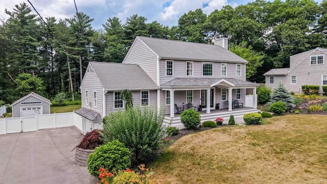 489 Main St, Acushnet, MA 02743 - view of front of house with covered porch, a chimney, a gate, an outdoor structure, and a shingled roof
