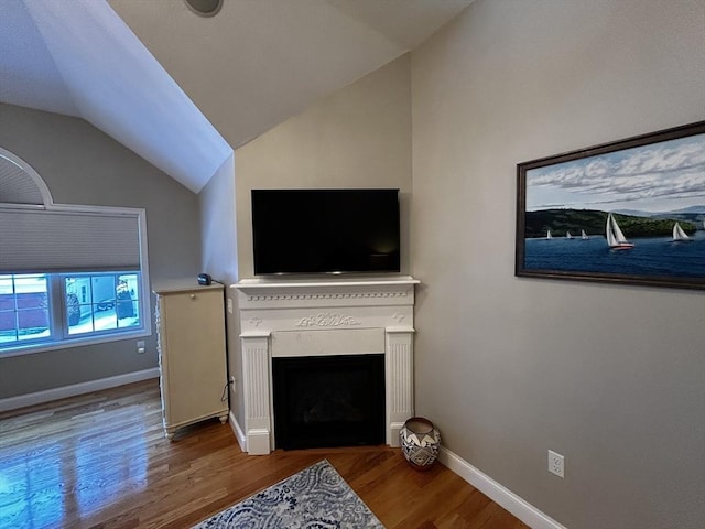 living room featuring lofted ceiling and hardwood / wood-style flooring