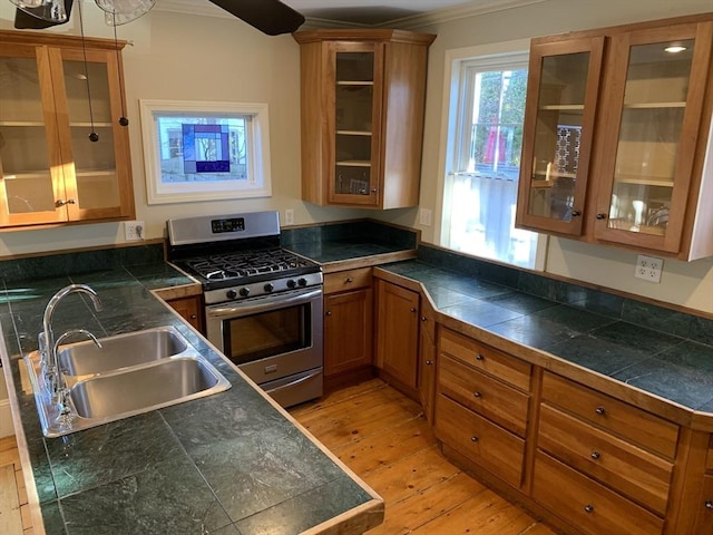 kitchen featuring ornamental molding, brown cabinets, a sink, and stainless steel gas range oven