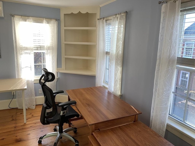 office featuring a healthy amount of sunlight, baseboards, and wood finished floors