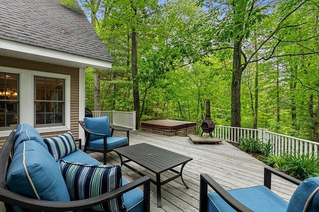 213 N Worcester St, Norton, MA 02766 - wooden terrace featuring a covered hot tub and outdoor lounge area