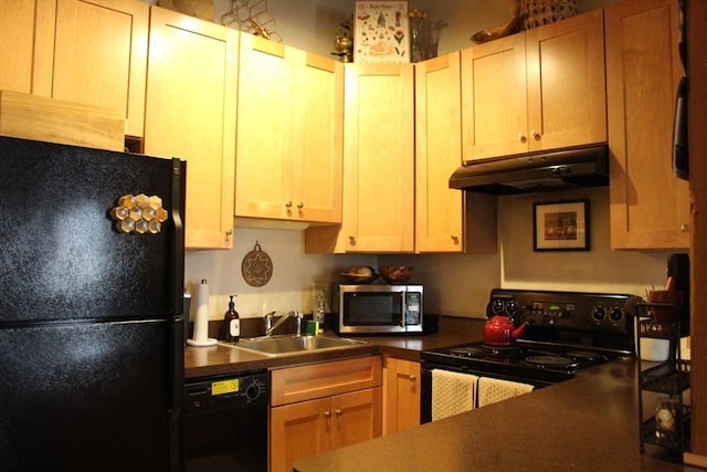 kitchen with black appliances, under cabinet range hood, a sink, and dark countertops