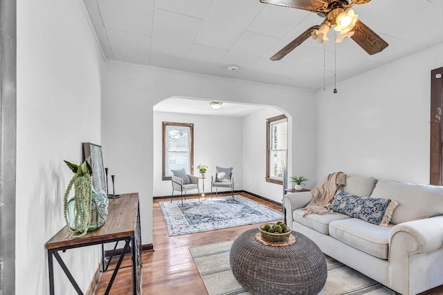 living room featuring arched walkways, baseboards, a wealth of natural light, and wood finished floors