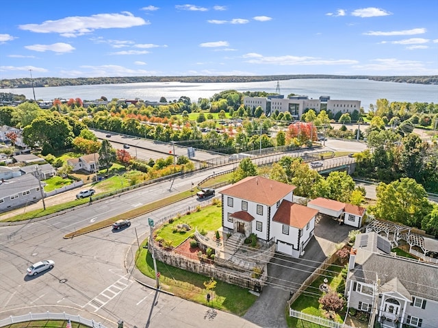 aerial view featuring a water view