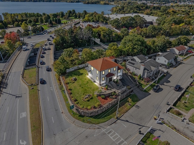 aerial view featuring a water view