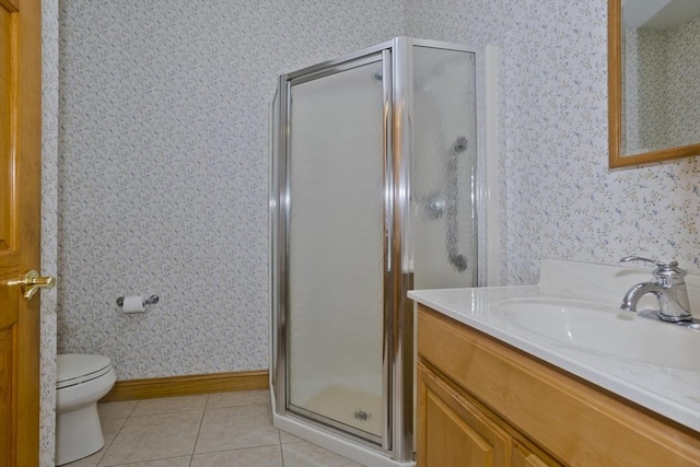 24 High Pines Cir Unit 24, Wilbraham, MA 01095 - full bath featuring wallpapered walls, tile patterned floors, a stall shower, vanity, and toilet