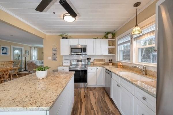 kitchen featuring dark wood-style flooring, decorative backsplash, appliances with stainless steel finishes, white cabinets, and a sink