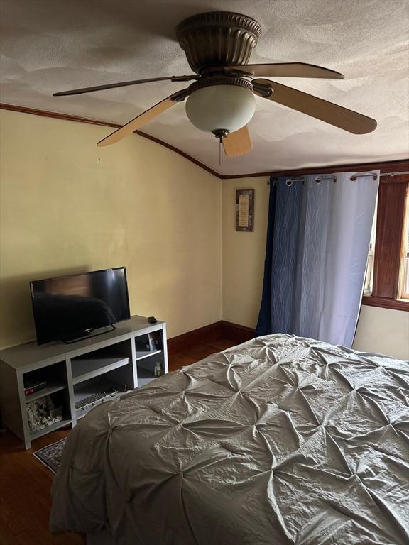 194 Fells Ave, Medford, MA 02155 - bedroom with a textured ceiling, a ceiling fan, and wood finished floors