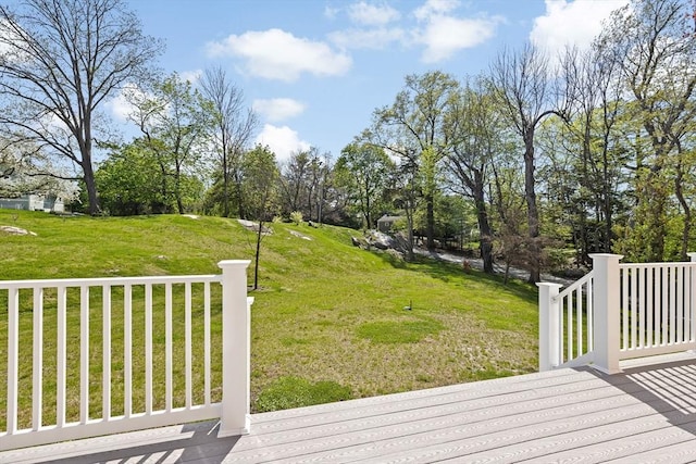 wooden deck featuring a yard and view of wooded area
