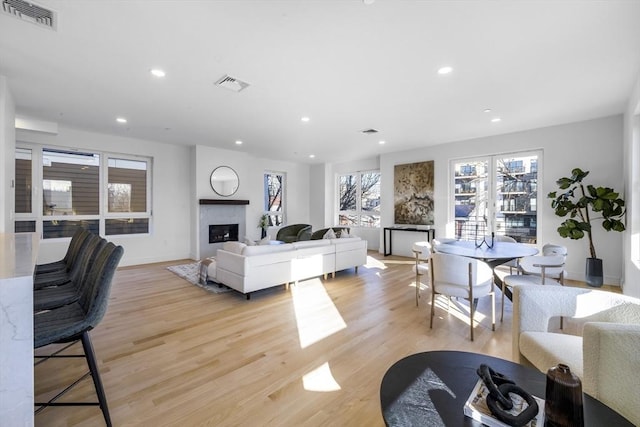 living room featuring light hardwood / wood-style flooring and a premium fireplace