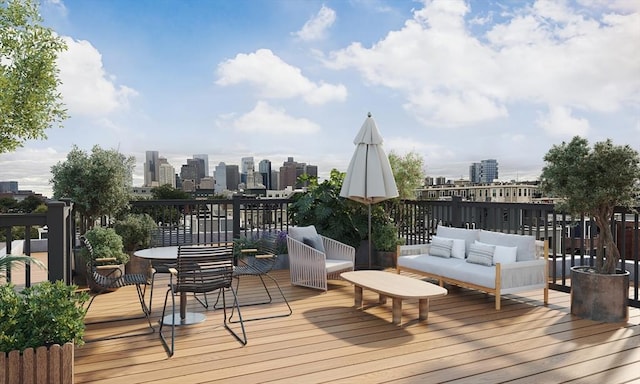 wooden terrace with an outdoor living space