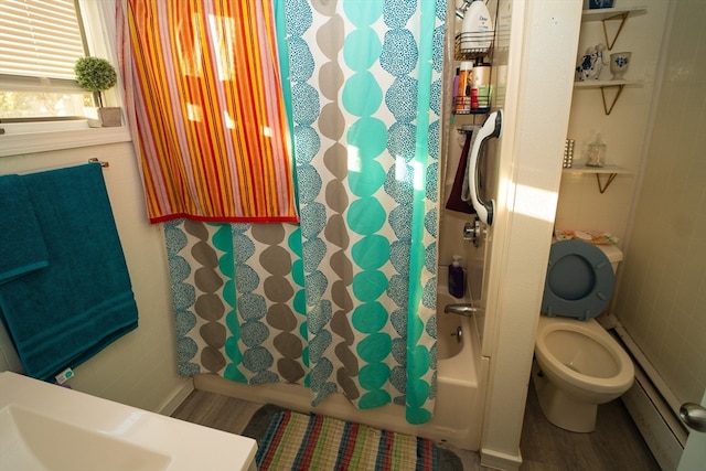 bathroom with toilet, hardwood / wood-style flooring, and shower / bathtub combination with curtain