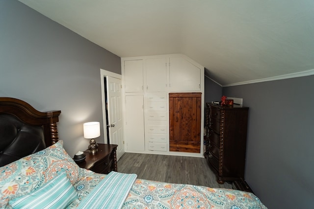 bedroom with vaulted ceiling, dark hardwood / wood-style floors, and a closet