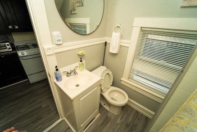 bathroom with hardwood / wood-style floors, toilet, and vanity