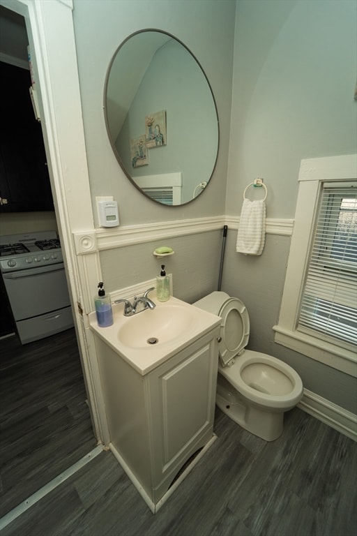 bathroom with vanity, toilet, and hardwood / wood-style floors