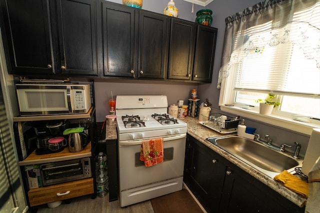 kitchen with white appliances, dark hardwood / wood-style flooring, and sink