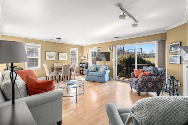 30 N Stone Ml Unit 1211, Dedham, MA 02026 - living room with crown molding, rail lighting, wood finished floors, and a wealth of natural light