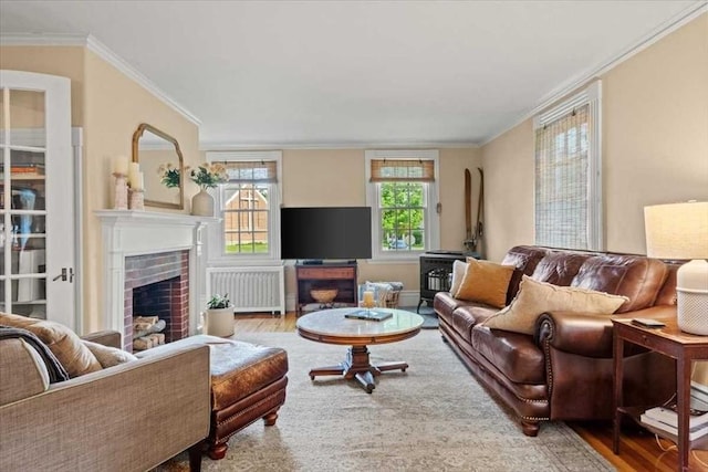 57 Highland St, Holden, MA 01520 - living area with radiator heating unit, wood finished floors, a fireplace, and crown molding