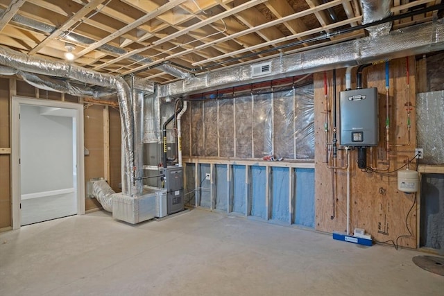 basement with heating unit and tankless water heater