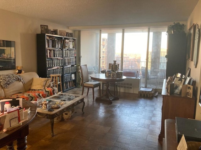 living area with a textured ceiling