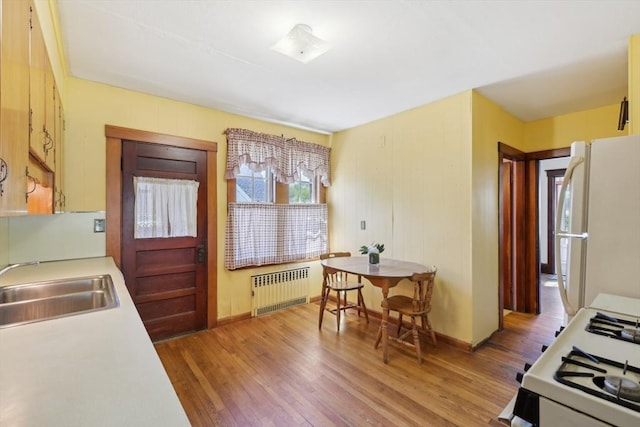 26 W Walnut St, Milford, MA 01757 - kitchen with a sink, white appliances, radiator heating unit, light wood-style flooring, and light countertops