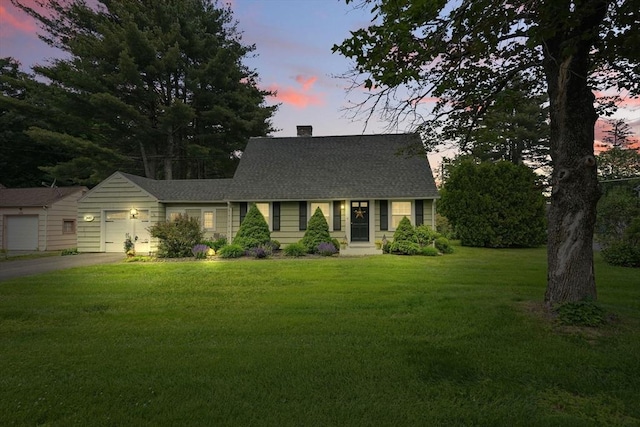 2480 Wilbraham Rd, Springfield, MA 01129 - cape cod home with driveway, a front yard, an attached garage, a chimney, and roof with shingles