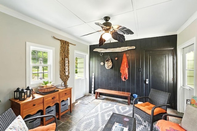 2480 Wilbraham Rd, Springfield, MA 01129 - mudroom featuring a ceiling fan, crown molding, stone finish flooring, and wooden walls