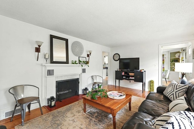 2480 Wilbraham Rd, Springfield, MA 01129 - living room with wood finished floors, a textured ceiling, and a fireplace with flush hearth