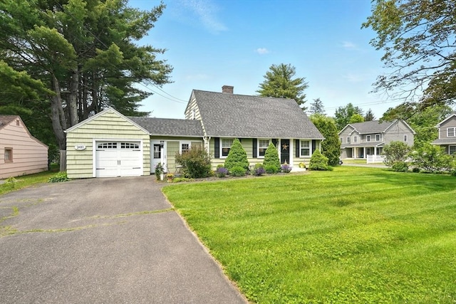 2480 Wilbraham Rd, Springfield, MA 01129 - cape cod home featuring a garage, a chimney, asphalt driveway, a front yard, and roof with shingles