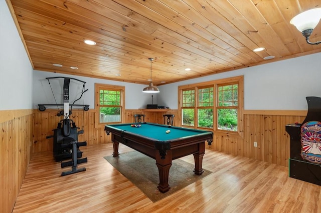 32 Witham St Unit B, Gloucester, MA 01930 - rec room featuring a wainscoted wall, wooden ceiling, wood walls, light wood finished floors, and pool table