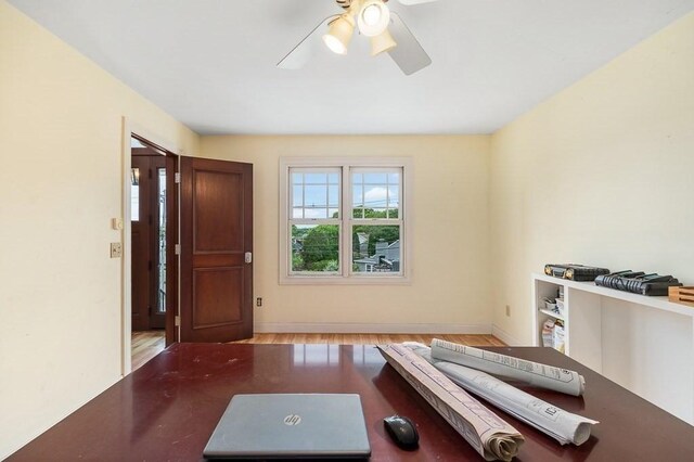 32 Witham St Unit B, Gloucester, MA 01930 - workout area featuring a ceiling fan, wood finished floors, and baseboards