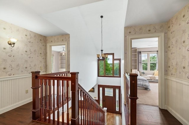 32 Witham St Unit B, Gloucester, MA 01930 - corridor with an upstairs landing, hardwood / wood-style flooring, wallpapered walls, and a wainscoted wall