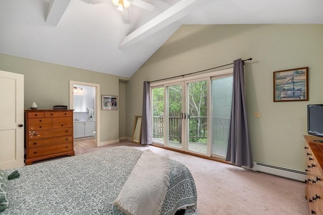 32 Witham St Unit B, Gloucester, MA 01930 - bedroom with baseboard heating, access to exterior, high vaulted ceiling, carpet, and connected bathroom
