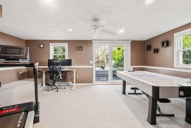 playroom featuring baseboards, recessed lighting, a textured ceiling, and ceiling fan