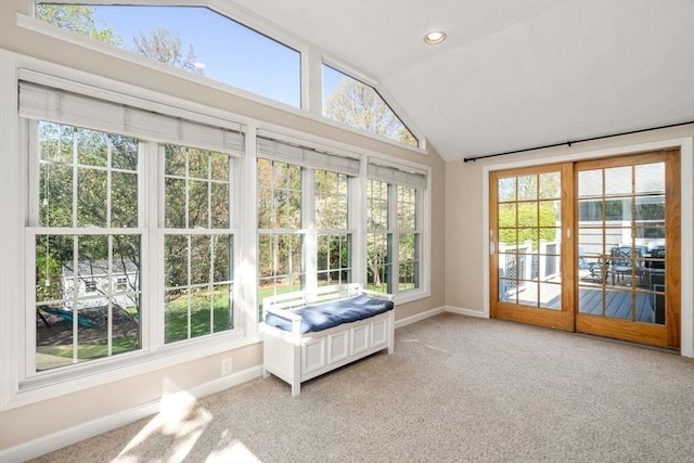sunroom / solarium with baseboards, vaulted ceiling, recessed lighting, and carpet floors