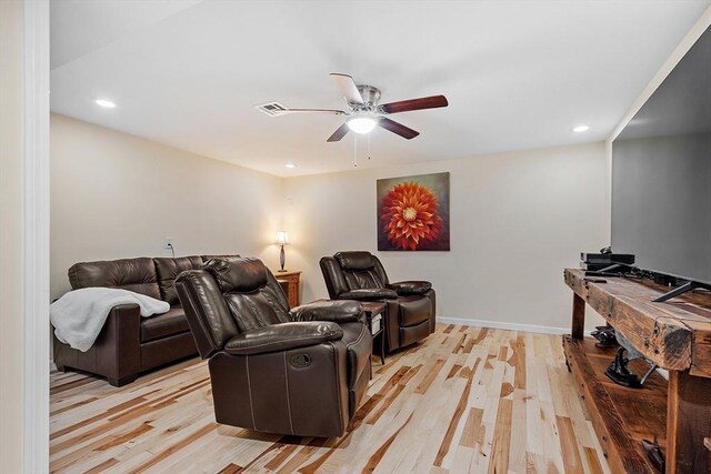 407 Mountain Rd, Jaffrey, NH 03452 - home theater room with recessed lighting, baseboards, light wood-style floors, visible vents, and a ceiling fan