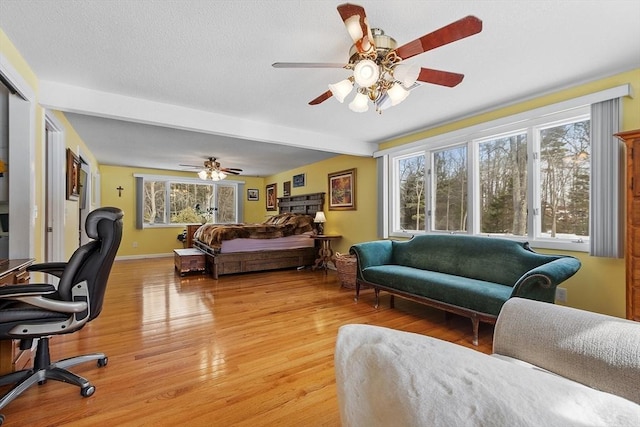 407 Mountain Rd, Jaffrey, NH 03452 - bedroom featuring beam ceiling, baseboards, light wood finished floors, and a textured ceiling
