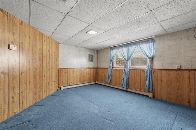 carpeted empty room featuring electric panel, wooden walls, wainscoting, and a paneled ceiling