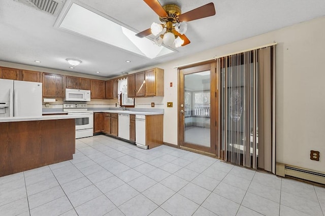 kitchen with visible vents, light countertops, white appliances, a ceiling fan, and a baseboard radiator