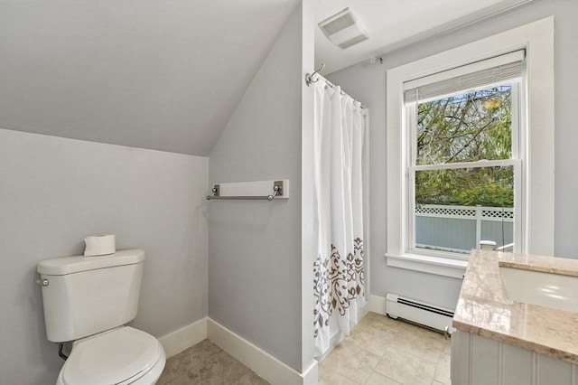 full bathroom with a baseboard radiator, vaulted ceiling, toilet, baseboards, and curtained shower