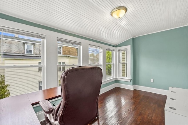 home office featuring baseboards, hardwood / wood-style floors, lofted ceiling, and wood ceiling