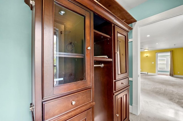 detailed view of carpet, baseboards, and recessed lighting