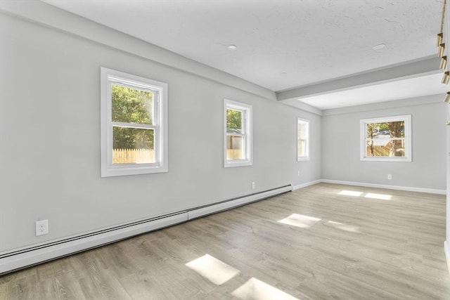 empty room with beam ceiling, a baseboard radiator, light wood finished floors, and baseboards